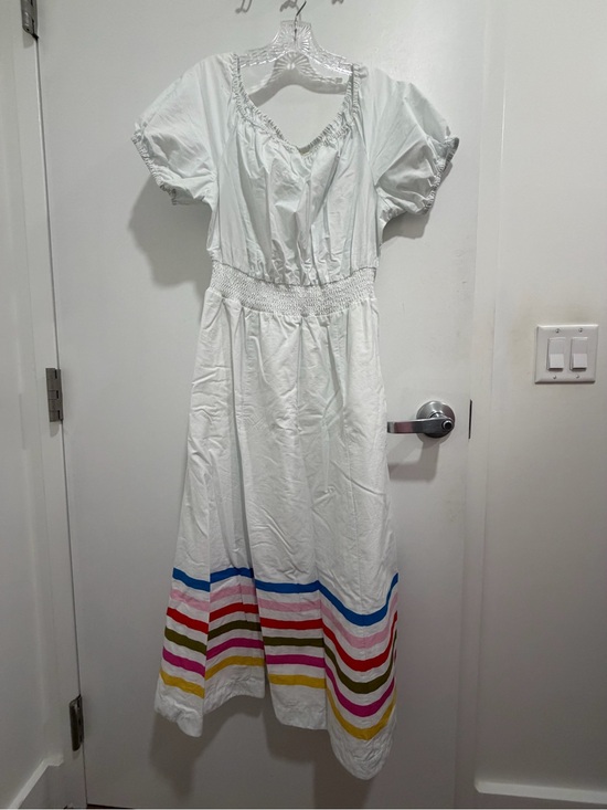 Boden Dresses & Skirts - Boden White Cotton Midi Dress with Multicolor Hem Stripes